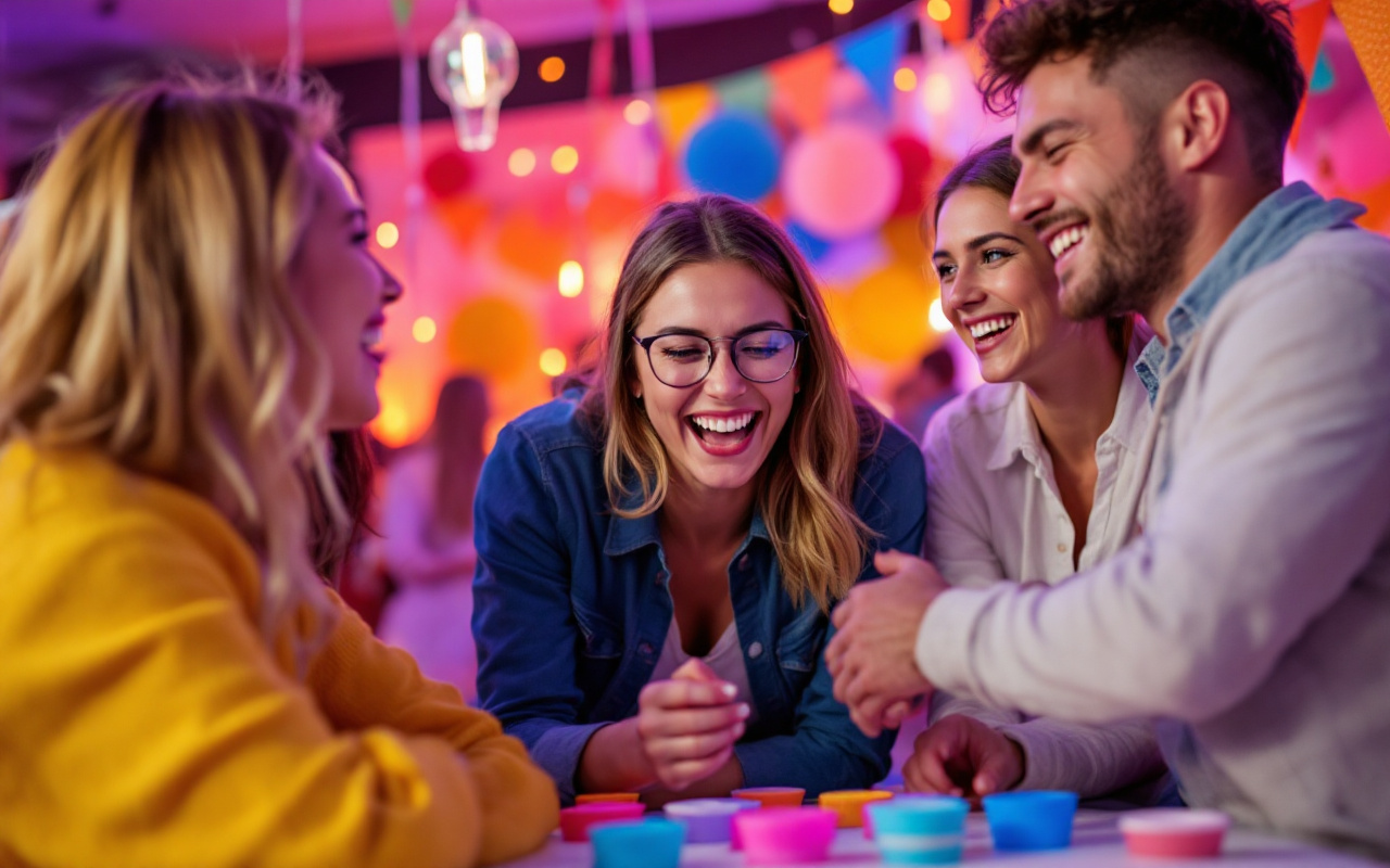 Un groupe d'amis s'amusant autour d'un jeu de f&ecirc;te, riant et interagissant dans une ambiance joyeuse, avec des d&eacute;corations color&eacute;es et une lumi&egrave;re ambiante chaleureuse.