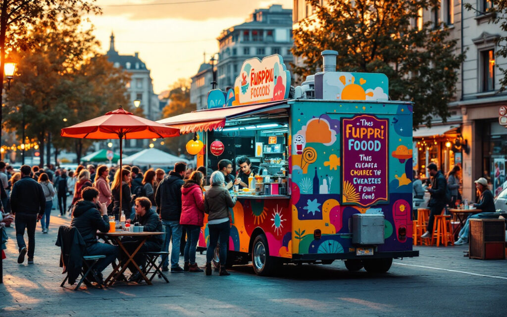 un-camion-de-nourriture-colore-servant-des-plats-de-rue-entoure-de-clients-souriants-dans-une-ambiance-urbaine-animee-au-coucher-du-soleil