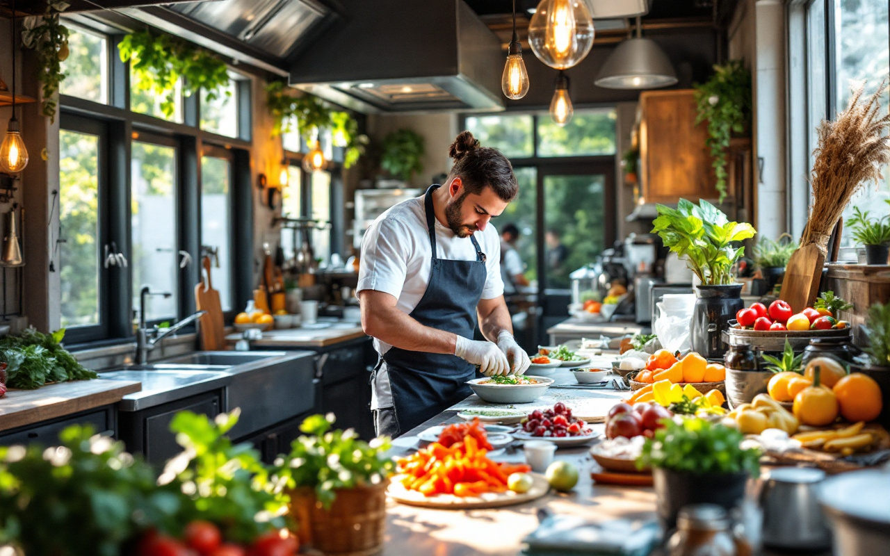 Un chef en train de pr&eacute;parer des plats dans une cuisine situ&eacute;e dans un conteneur maritime, avec des ingr&eacute;dients color&eacute;s dispos&eacute;s sur un plan de travail, illumin&eacute; par une lumi&egrave;re naturelle.