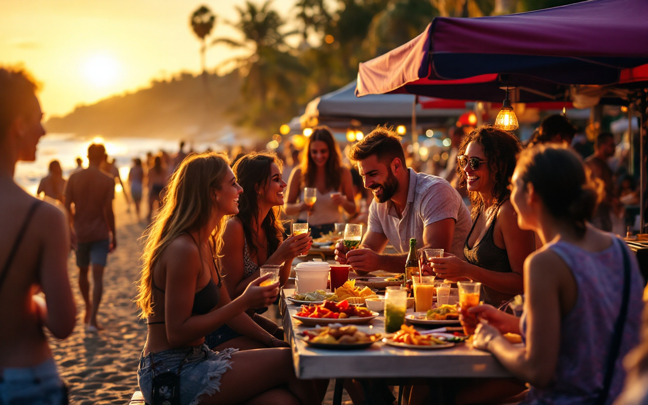 Des personnes se rassemblent autour de stands de nourriture de rue, savourant des mets vari&eacute;s tout en profitant de l'ambiance festive au bord de la plage, avec un coucher de soleil en arri&egrave;re-plan.