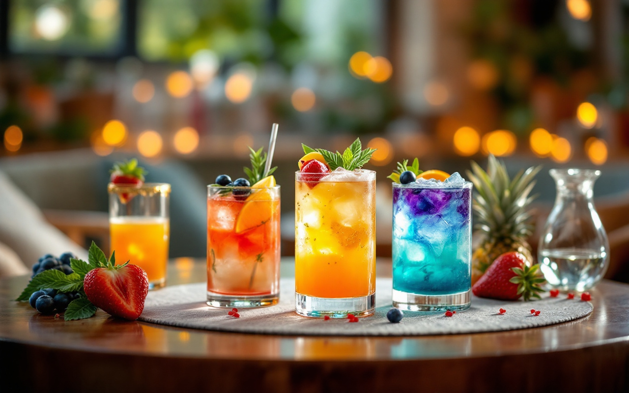presentations-creatives-de-cocktails-sur-une-table-avec-des-verres-colores-garnis-de-fruits-et-dherbes-dans-un-environnement-lumineux-et-accueillant