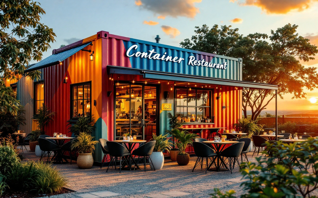 image-dun-restaurant-en-conteneur-avec-une-terrasse-exterieure-tables-et-chaises-elegantes-disposees-entoure-de-verdure-et-baigne-dans-une-lumiere-chaleureuse-du-coucher-de-soleil