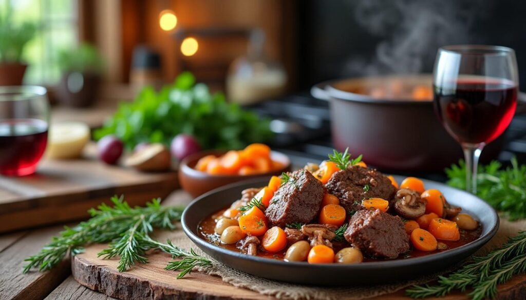 découvrez une recette authentique de boeuf bourguignon, alliant tradition de grand-mère et saveurs inoubliables. apprenez à préparer ce plat emblématique de la cuisine française pour régaler vos convives et raviver des souvenirs chaleureux à chaque bouchée.