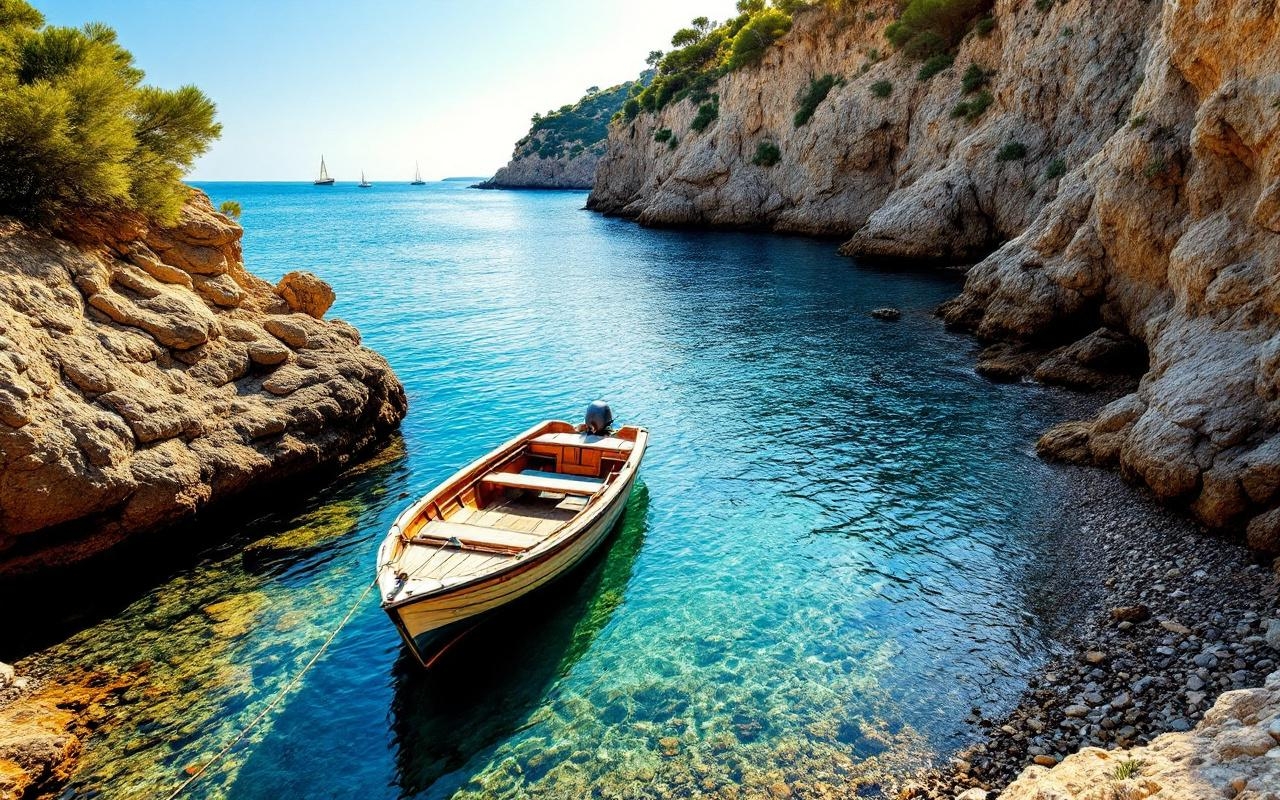 petit-bateau-en-bois-amarre-dans-la-baie-de-girolata-entoure-de-falaises-rocheuses-et-dune-crique-mediterraneenne-eau-claire-aux-reflets-turquoise-rivage-de-galets-et-vegetation-basse-baigne