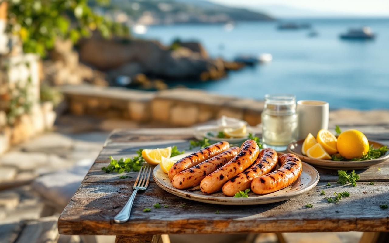 Figatellu grill&eacute; sur une assiette rustique pos&eacute; sur une terrasse en bois face &agrave; la mer, accompagn&eacute; de quartiers de citron et d'herbes fra&icirc;ches, &eacute;clair&eacute; par une douce lumi&egrave;re de fin d'apr&egrave;s-midi.