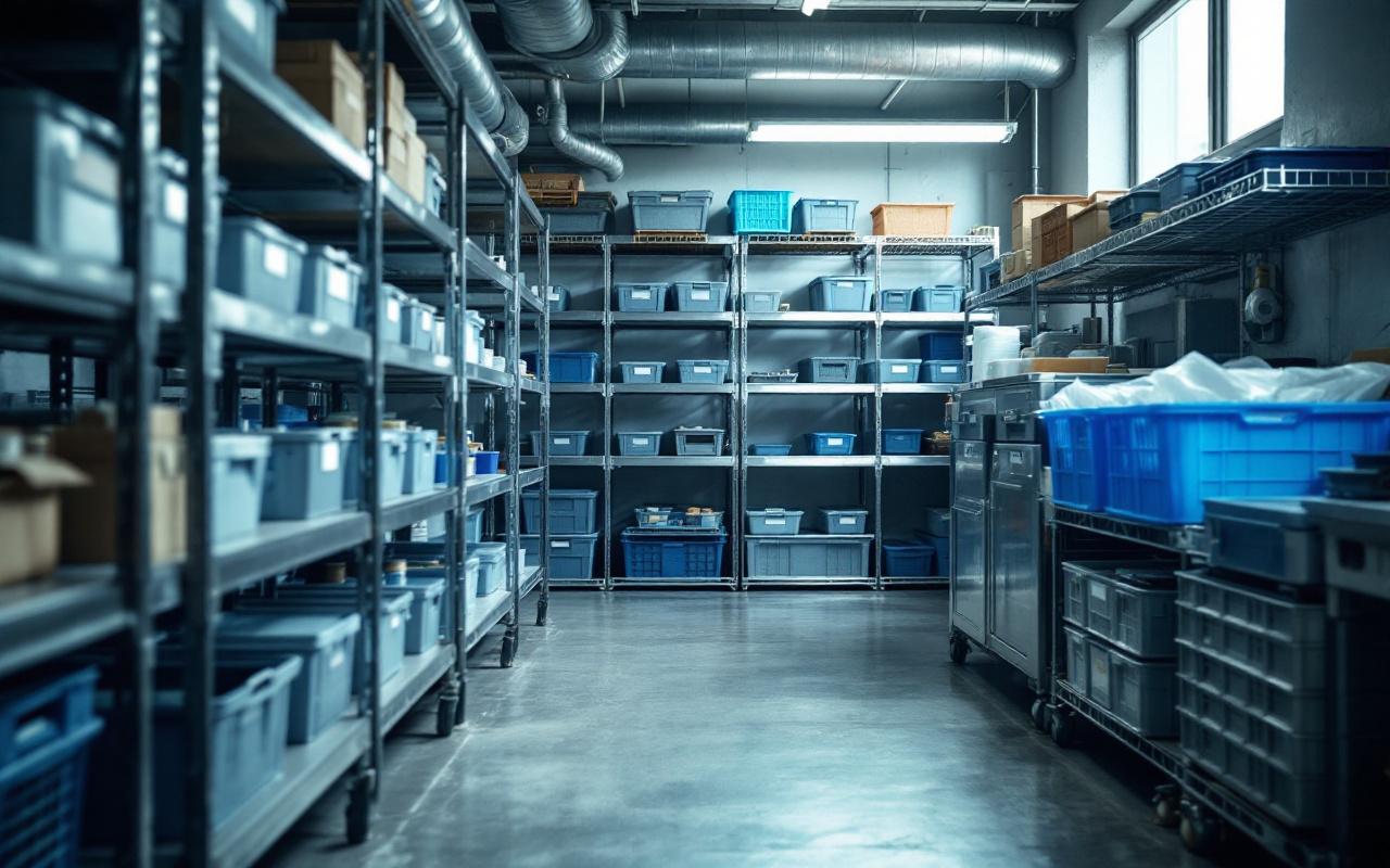 Salle de stockage de restaurant bien organisée, étagères métalliques ordonnées avec caisses en plastique posées sur les étagères et hors du sol, sol en béton propre, lumière volumétrique douce entrant par une fenêtre haute, ambiance réaliste et nette.