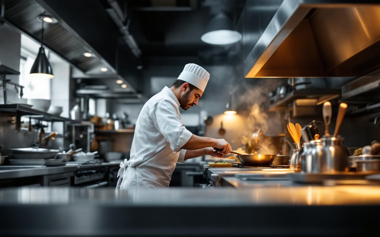 Chef travaillant dans une cuisine professionnelle, en tenue blanche et toque, hotte de ventilation en acier inoxydable visible, postes de travail propres et bien rangés, éclairage chaud et lumineux.