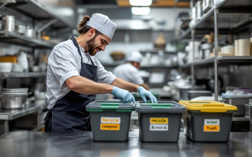 Chef en veste blanche organisant des poubelles étiquetées pour recyclage, compost et ordures dans une cuisine professionnelle en inox, ambiance propre et organisée, lumière chaude et volumétrique.