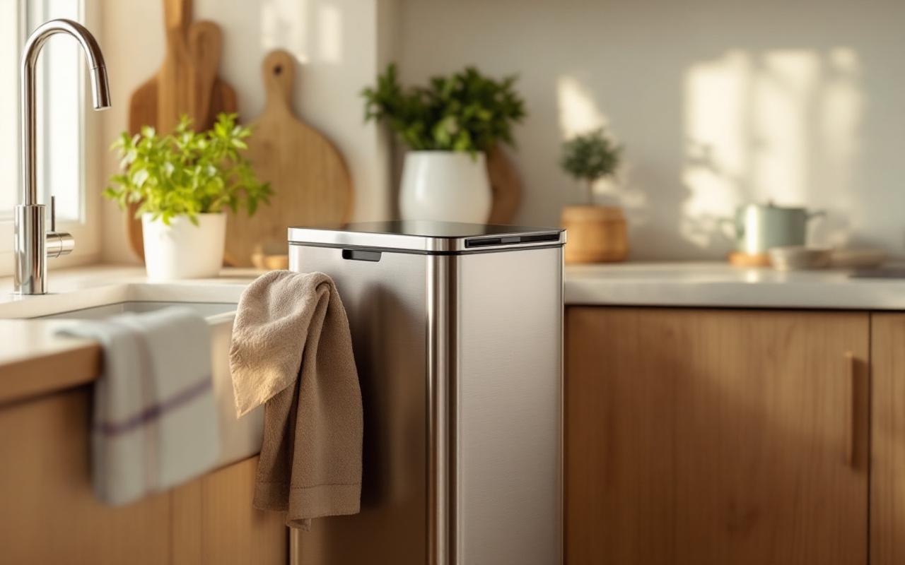 Petite cuisine à domicile lumineuse et réaliste, avec une poubelle compacte multi-compartiments en acier inoxydable proche du plan de travail en bois, plantes en pot et torchon, éclairage matinal volumétrique doux, ambiance naturelle et ordonnée.