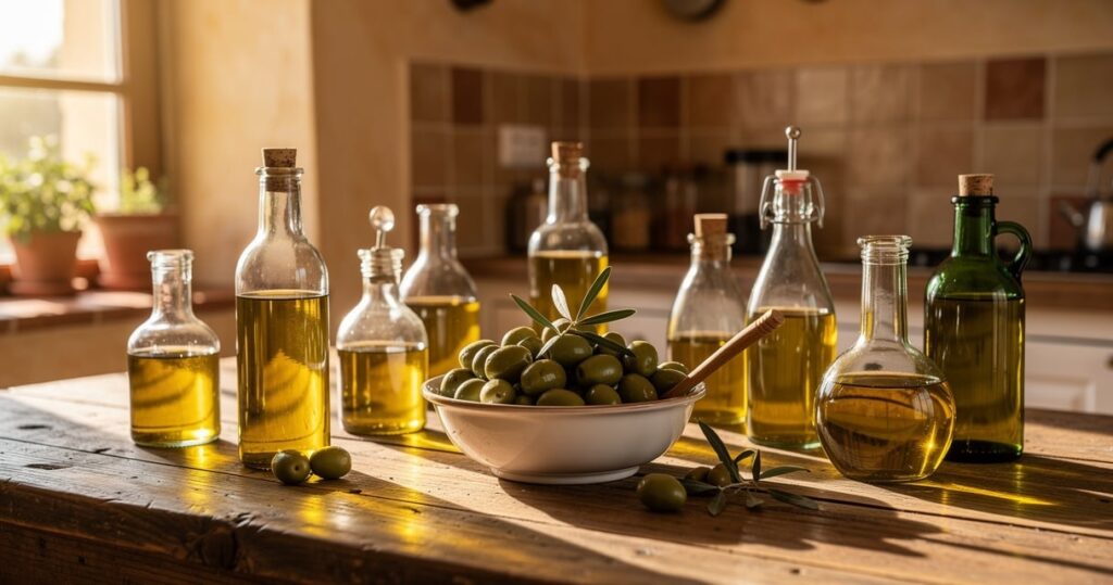 Bouteilles d huile d olive et olives fraiches sur une table en bois rustique
