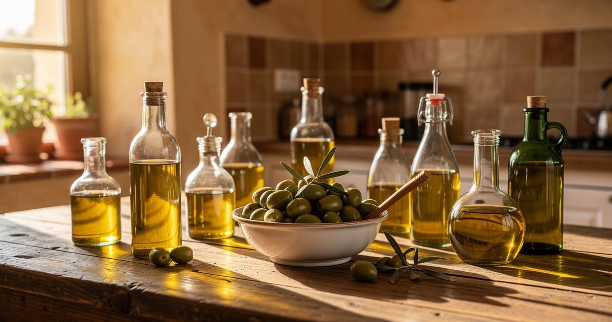 Bouteilles d huile d olive et olives fraiches sur une table en bois rustique