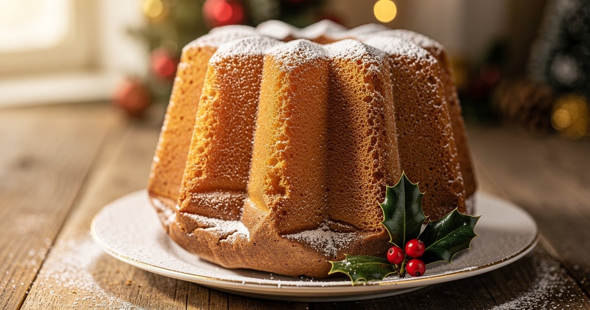 Pandoro entier en forme d etoile saupoudre de sucre glace sur une table en bois rustique