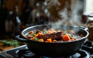 Civet de sanglier mijotant dans une cocotte en fonte, vapeur légère, carottes visibles et vin rouge dans la sauce, ambiance de cuisine familiale.
