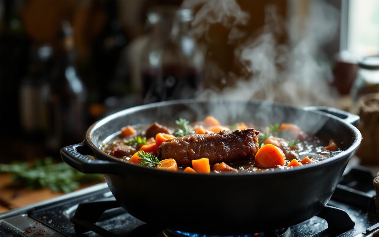Civet de sanglier mijotant dans une cocotte en fonte, vapeur légère, carottes visibles et vin rouge dans la sauce, ambiance de cuisine familiale.