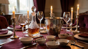 Table élégante dressée avec une carafe en cristal, des verres à vin, un seau à glace et des accessoires de dégustation.