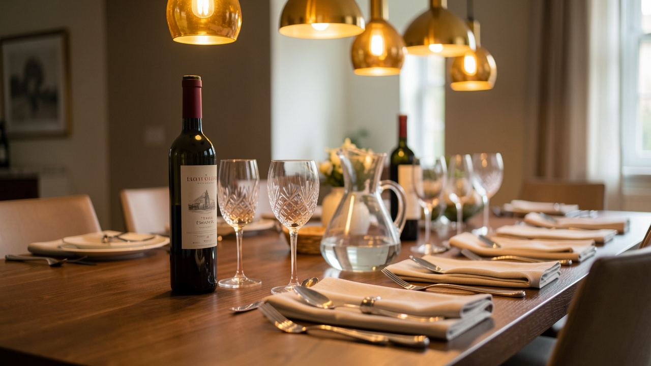 Table élégante dressée avec une bouteille de vin, des verres, une carafe en verre et des accessoires de service, éclairage chaud et ambiance conviviale en cuisine.