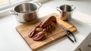 Langouste entière crue posée sur une grande planche en bois antidérapante, avec un faitout en inox et des ciseaux de cuisine sur un plan de travail lumineux.