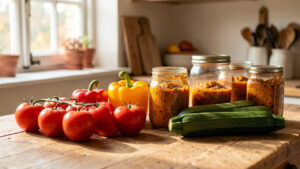 Plan de travail de cuisine lumineux avec tomates, poivrons, courgettes et bocaux de pâte de légumes maison dans une ambiance de récolte de septembre.