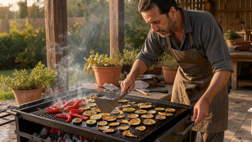 Un cuisinier concentré prépare des grillades sur un brasero plancha en acier, entouré de braises rouges, en extérieur à la lumière chaude de fin de journée.