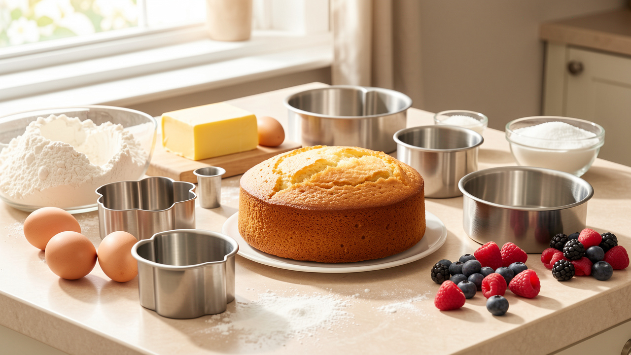 Plan de travail lumineux présentant plusieurs moules à gâteau en inox, en verre et en silicone, des ingrédients de pâtisserie et un gâteau doré.